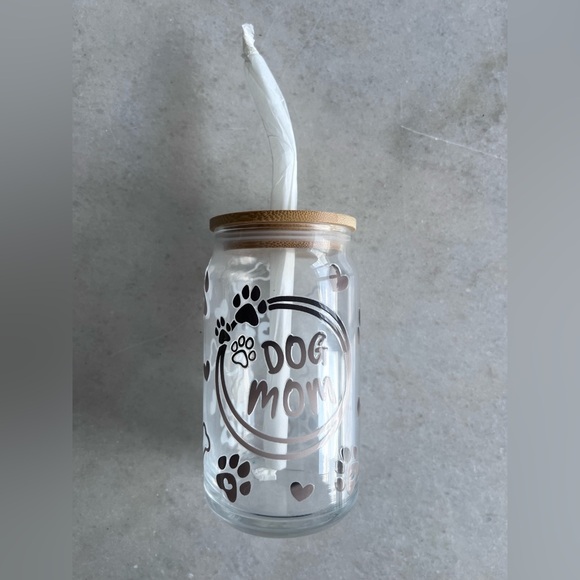 NEW Glass cup and straw with bamboo lid- DOG MOM pattern - Picture 1 of 2